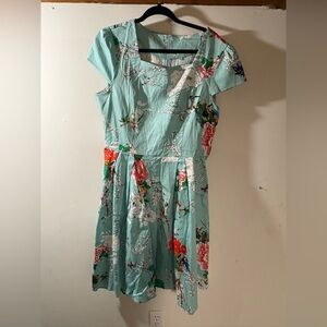 Aqua Floral Cap-Sleeve Fit & Flare Dress